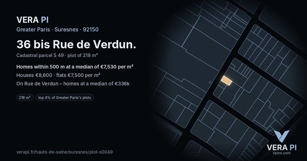 36 bis Rue de Verdun, Suresnes at night – the plot lit, the parcels around coloured by the prices near them