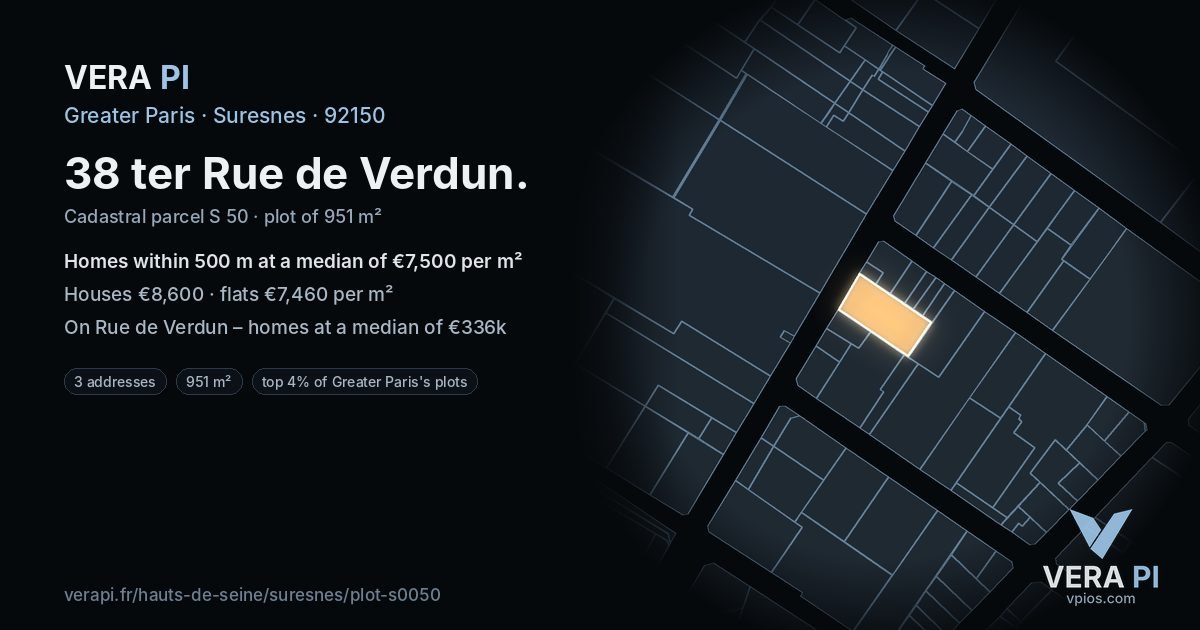 38 ter Rue de Verdun, Suresnes at night – the plot lit, the parcels around coloured by the prices near them