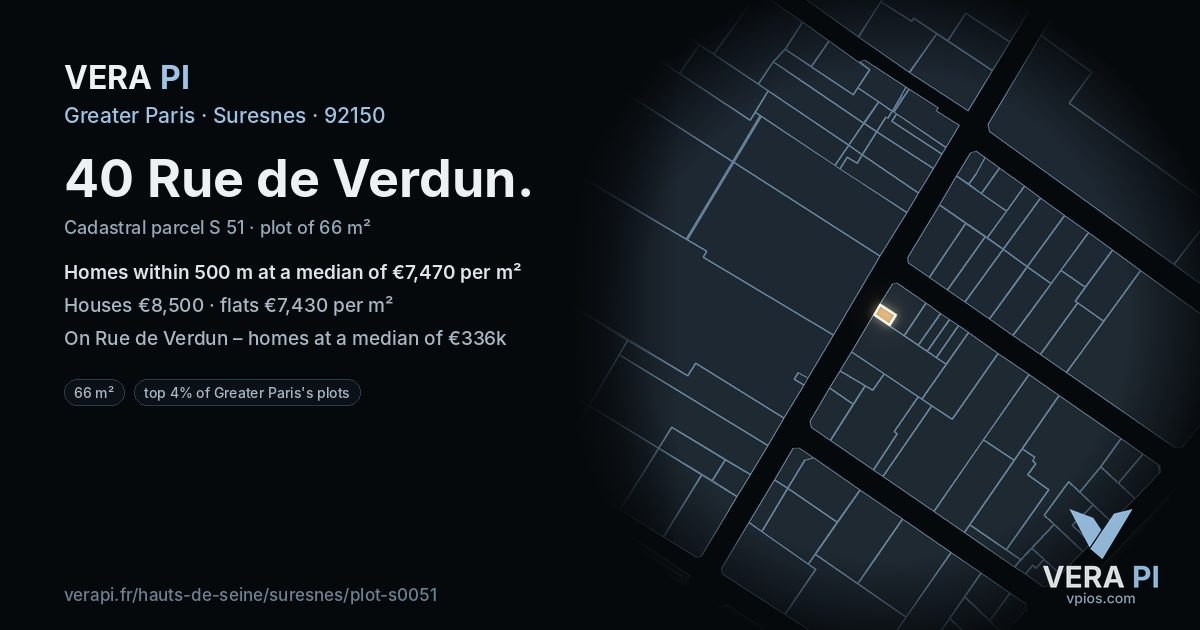 40 Rue de Verdun, Suresnes at night – the plot lit, the parcels around coloured by the prices near them