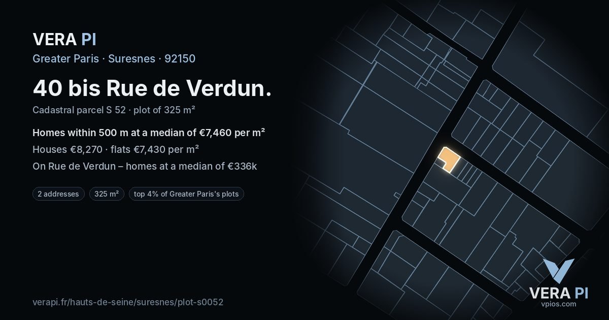 40 bis Rue de Verdun, Suresnes at night – the plot lit, the parcels around coloured by the prices near them
