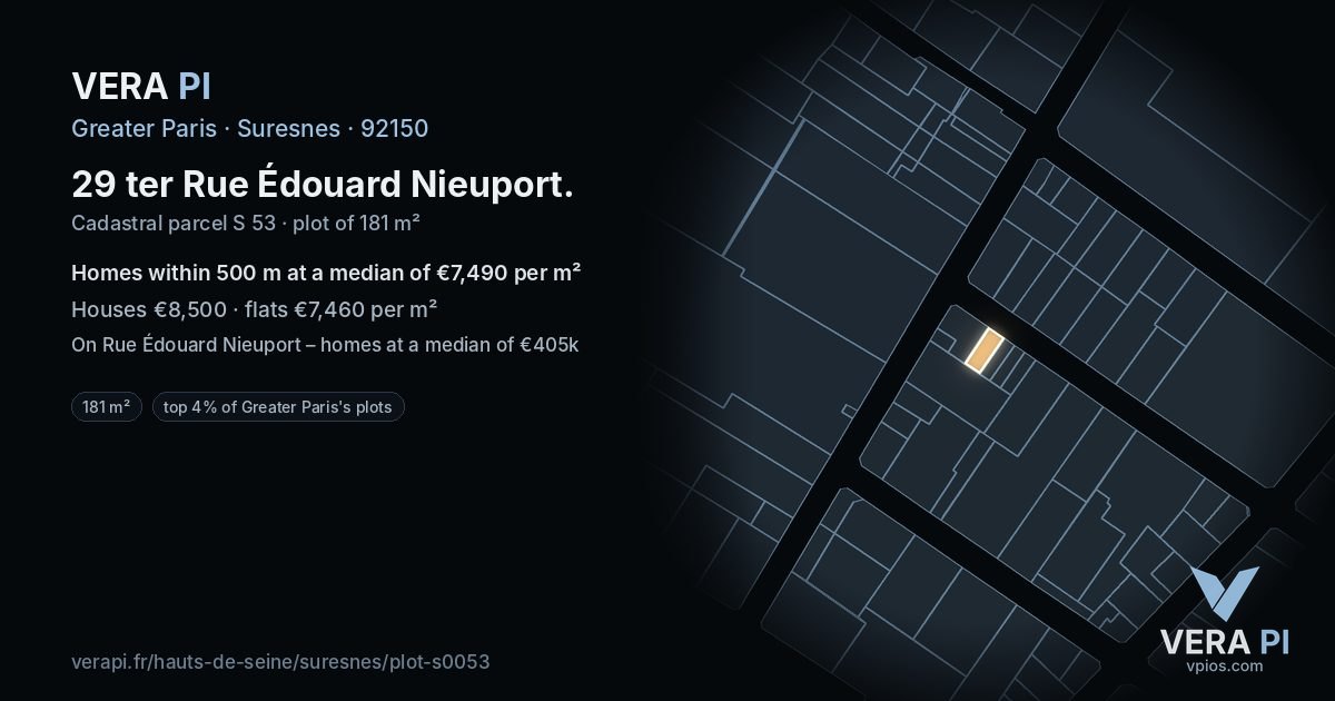 29 ter Rue Édouard Nieuport, Suresnes at night – the plot lit, the parcels around coloured by the prices near them