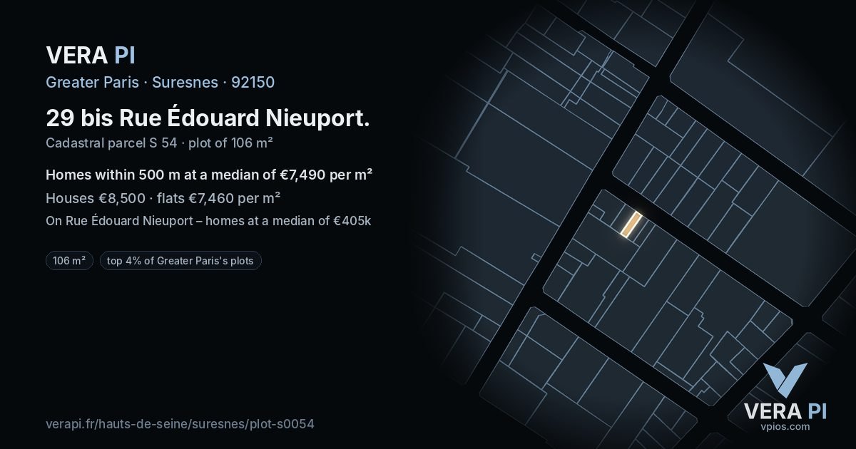 29 bis Rue Édouard Nieuport, Suresnes at night – the plot lit, the parcels around coloured by the prices near them
