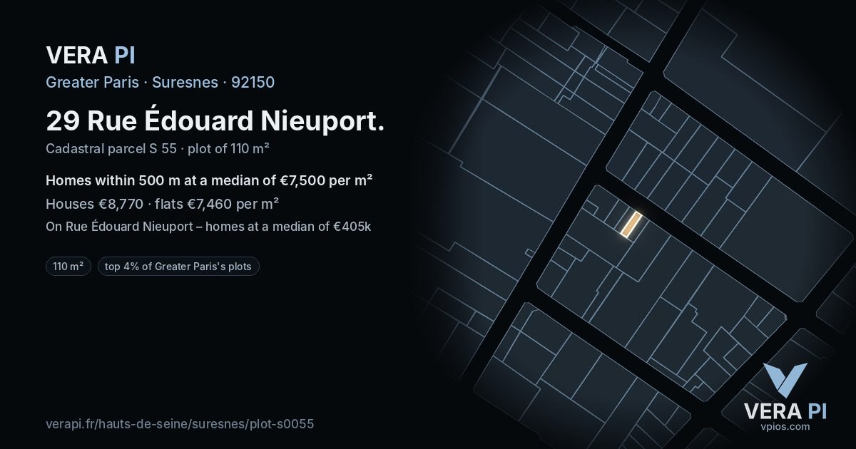 29 Rue Édouard Nieuport, Suresnes at night – the plot lit, the parcels around coloured by the prices near them