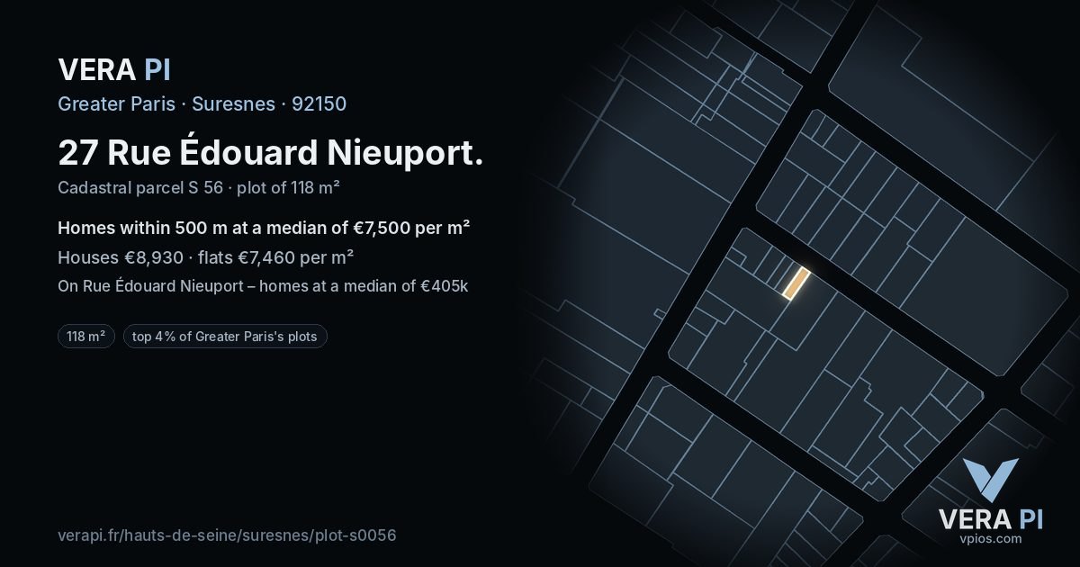 27 Rue Édouard Nieuport, Suresnes at night – the plot lit, the parcels around coloured by the prices near them
