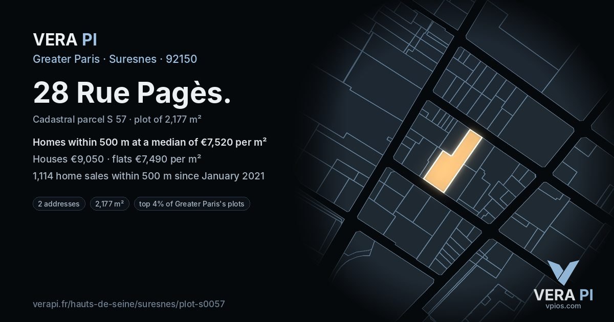28 Rue Pagès, Suresnes at night – the plot lit, the parcels around coloured by the prices near them