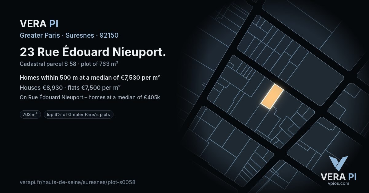 23 Rue Édouard Nieuport, Suresnes at night – the plot lit, the parcels around coloured by the prices near them