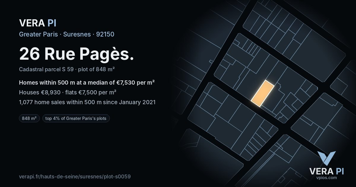 26 Rue Pagès, Suresnes at night – the plot lit, the parcels around coloured by the prices near them