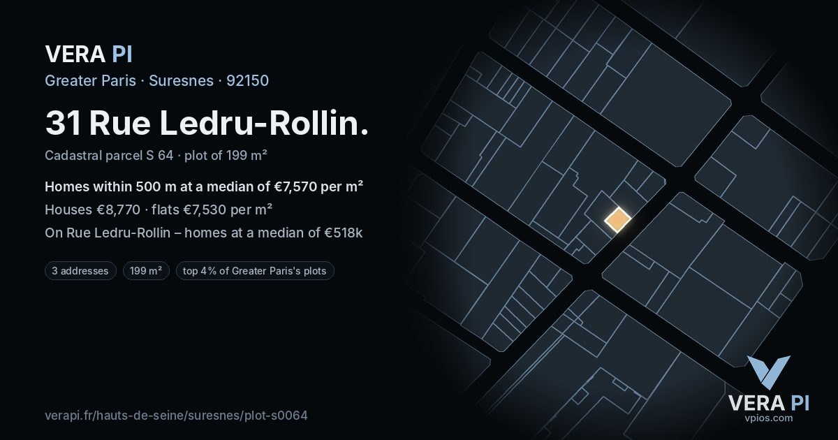 31 Rue Ledru-Rollin, Suresnes at night – the plot lit, the parcels around coloured by the prices near them