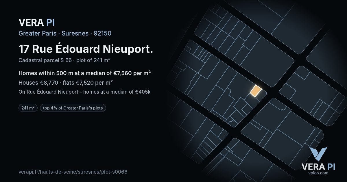 17 Rue Édouard Nieuport, Suresnes at night – the plot lit, the parcels around coloured by the prices near them
