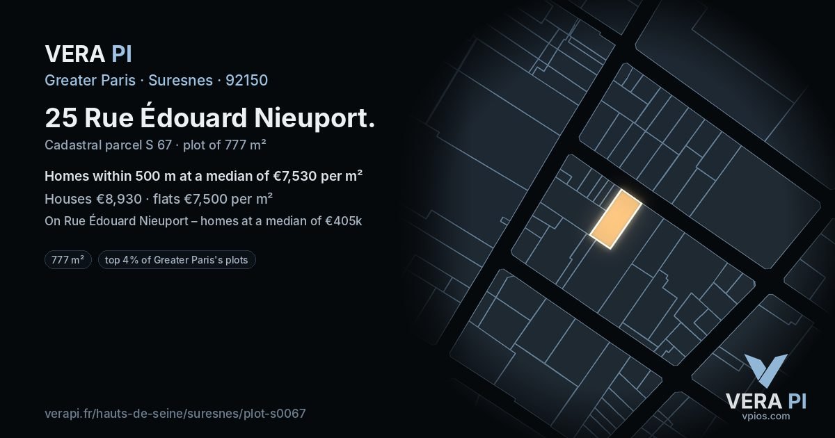 25 Rue Édouard Nieuport, Suresnes at night – the plot lit, the parcels around coloured by the prices near them