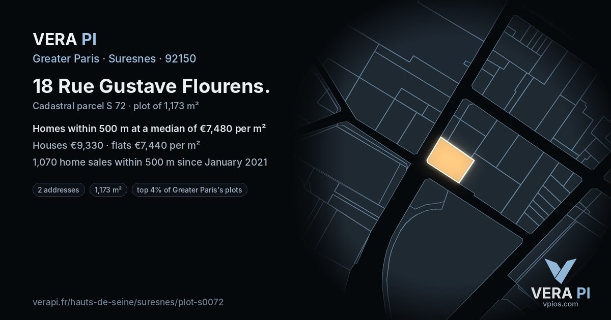 18 Rue Gustave Flourens, Suresnes at night – the plot lit, the parcels around coloured by the prices near them