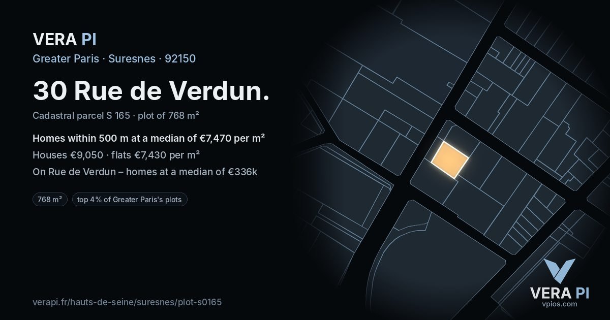 30 Rue de Verdun, Suresnes at night – the plot lit, the parcels around coloured by the prices near them