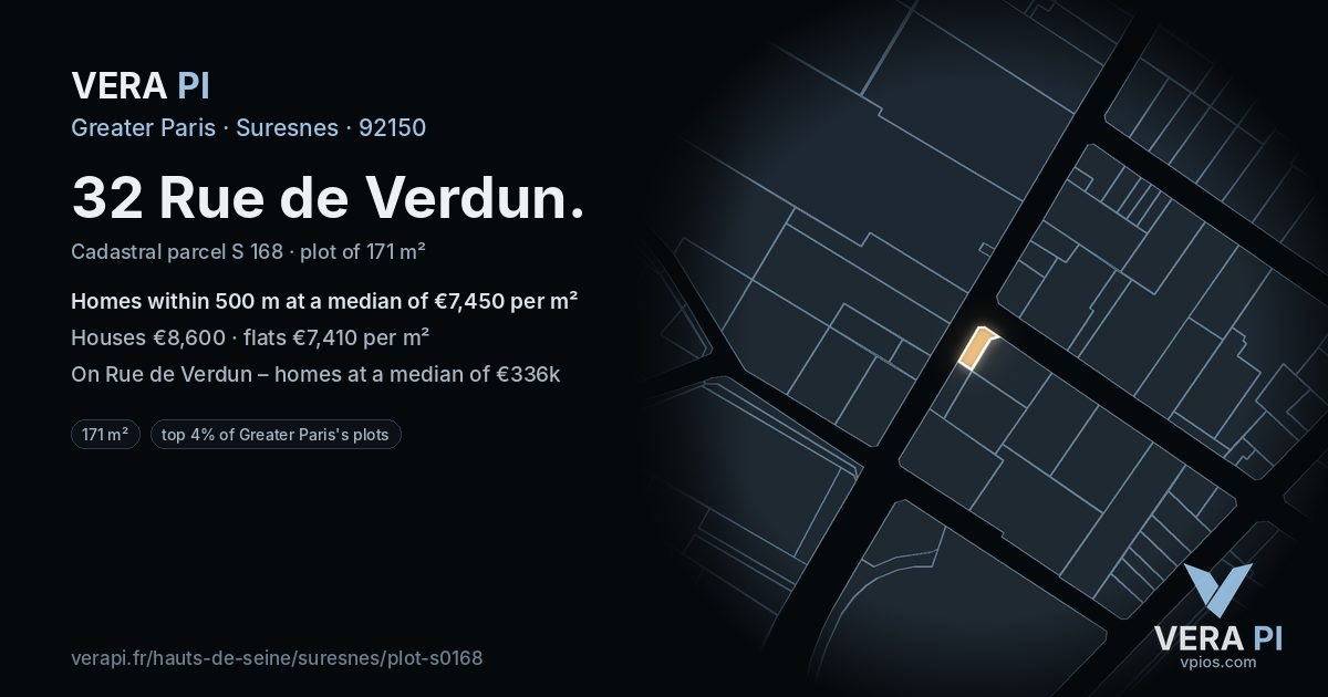 32 Rue de Verdun, Suresnes at night – the plot lit, the parcels around coloured by the prices near them