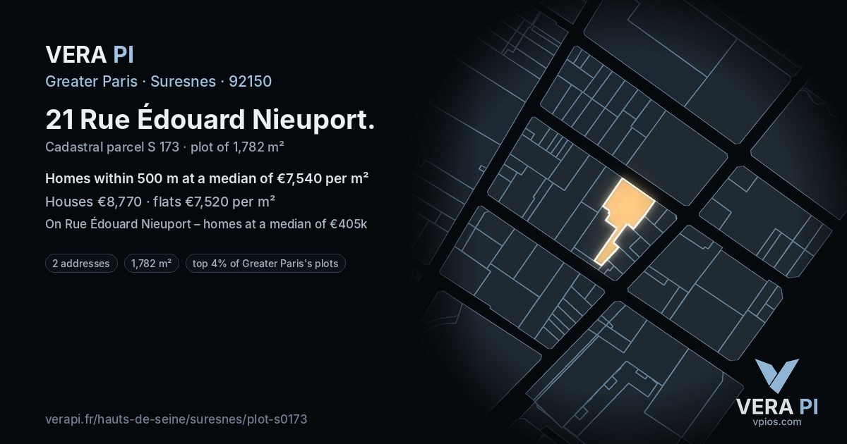 21 Rue Édouard Nieuport, Suresnes at night – the plot lit, the parcels around coloured by the prices near them