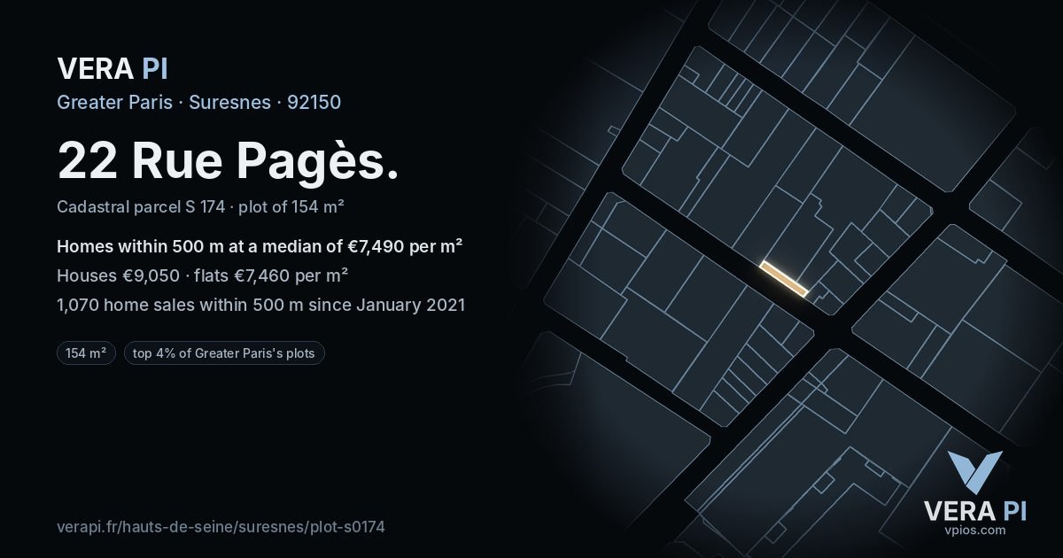 22 Rue Pagès, Suresnes at night – the plot lit, the parcels around coloured by the prices near them