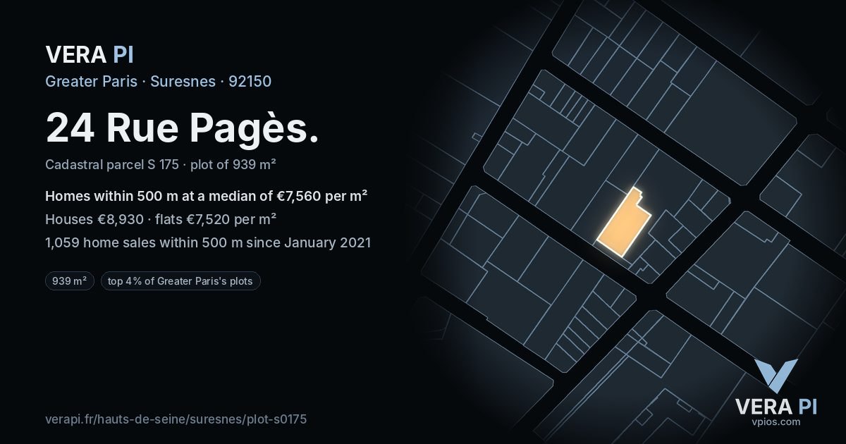 24 Rue Pagès, Suresnes at night – the plot lit, the parcels around coloured by the prices near them