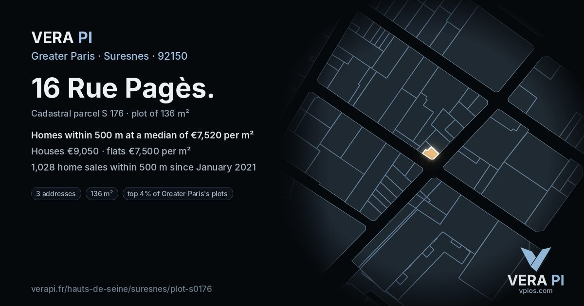 16 Rue Pagès, Suresnes at night – the plot lit, the parcels around coloured by the prices near them