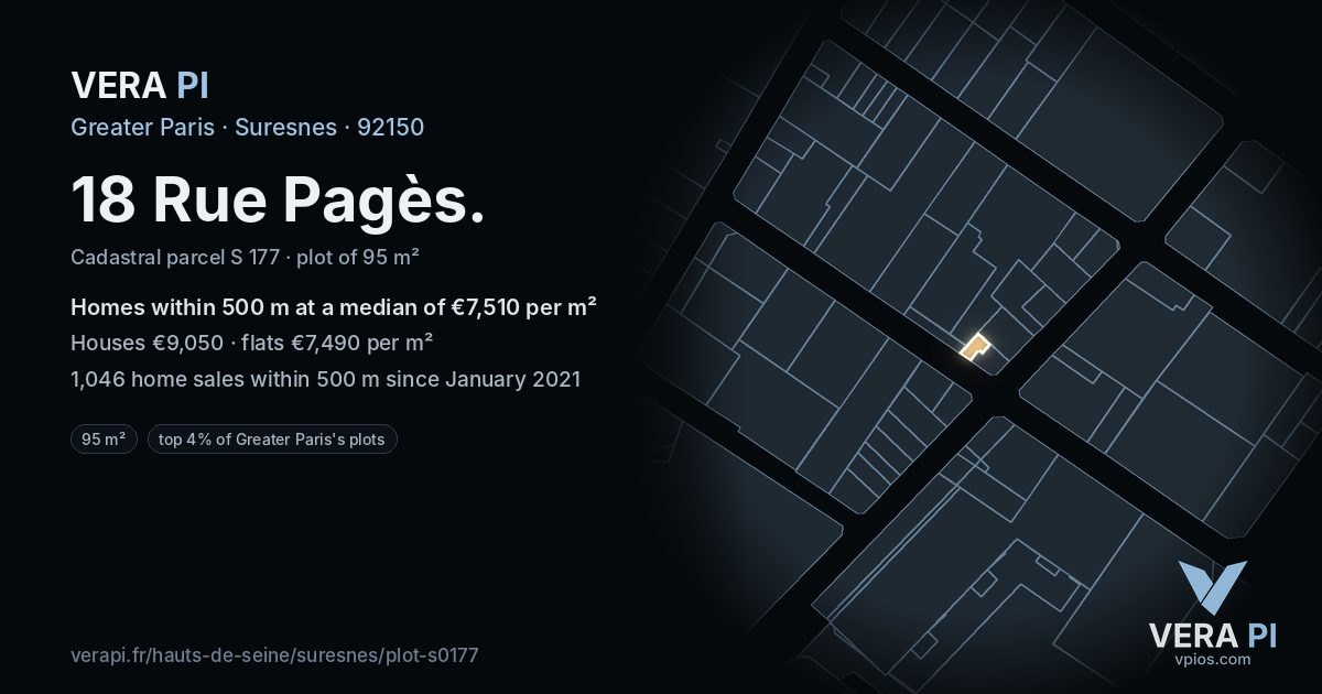 18 Rue Pagès, Suresnes at night – the plot lit, the parcels around coloured by the prices near them