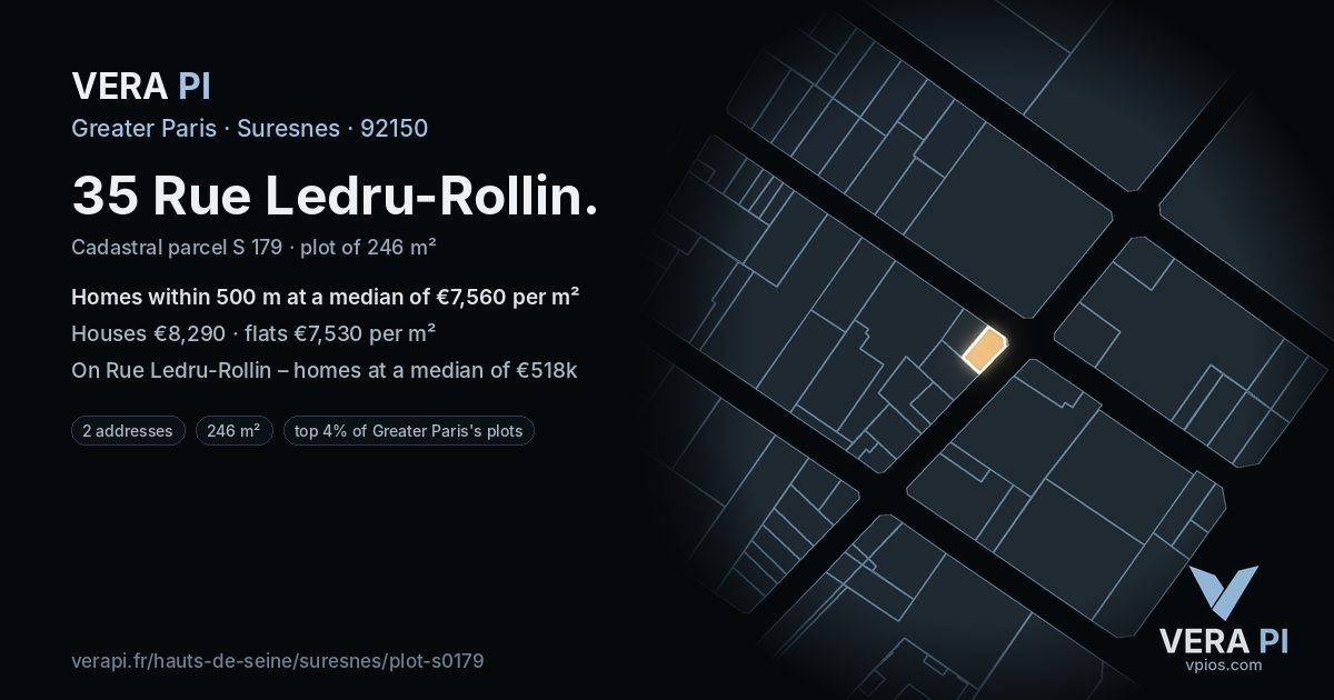 35 Rue Ledru-Rollin, Suresnes at night – the plot lit, the parcels around coloured by the prices near them