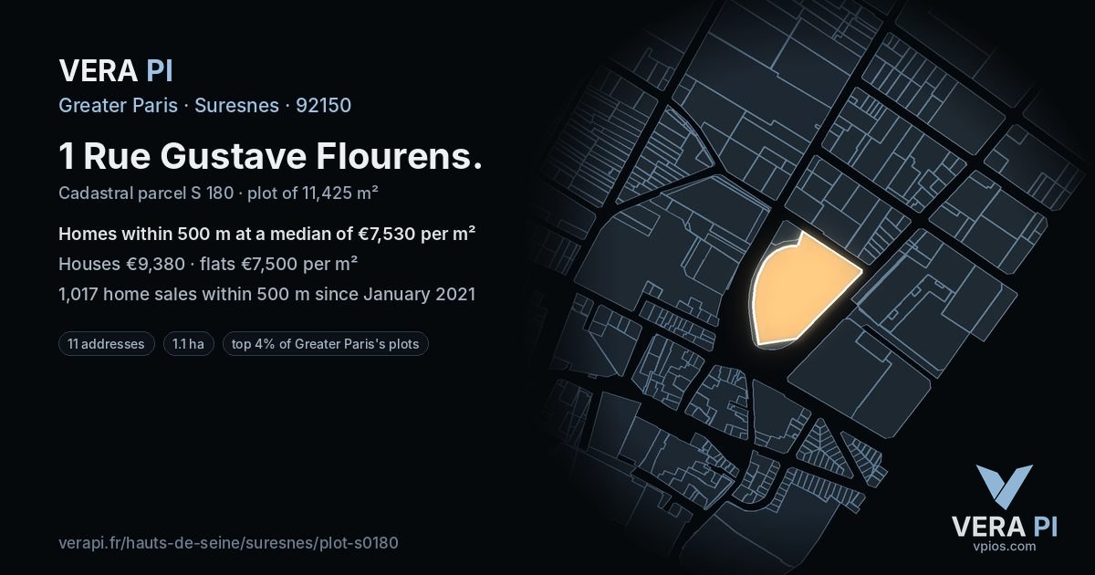 1 Rue Gustave Flourens, Suresnes at night – the plot lit, the parcels around coloured by the prices near them