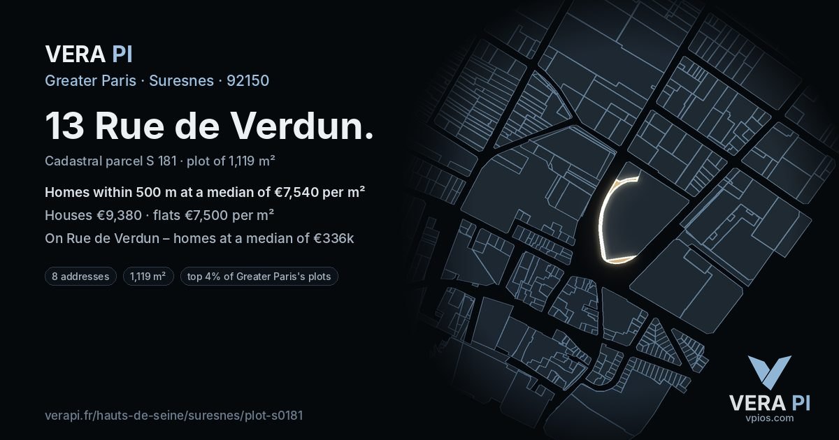 13 Rue de Verdun, Suresnes at night – the plot lit, the parcels around coloured by the prices near them