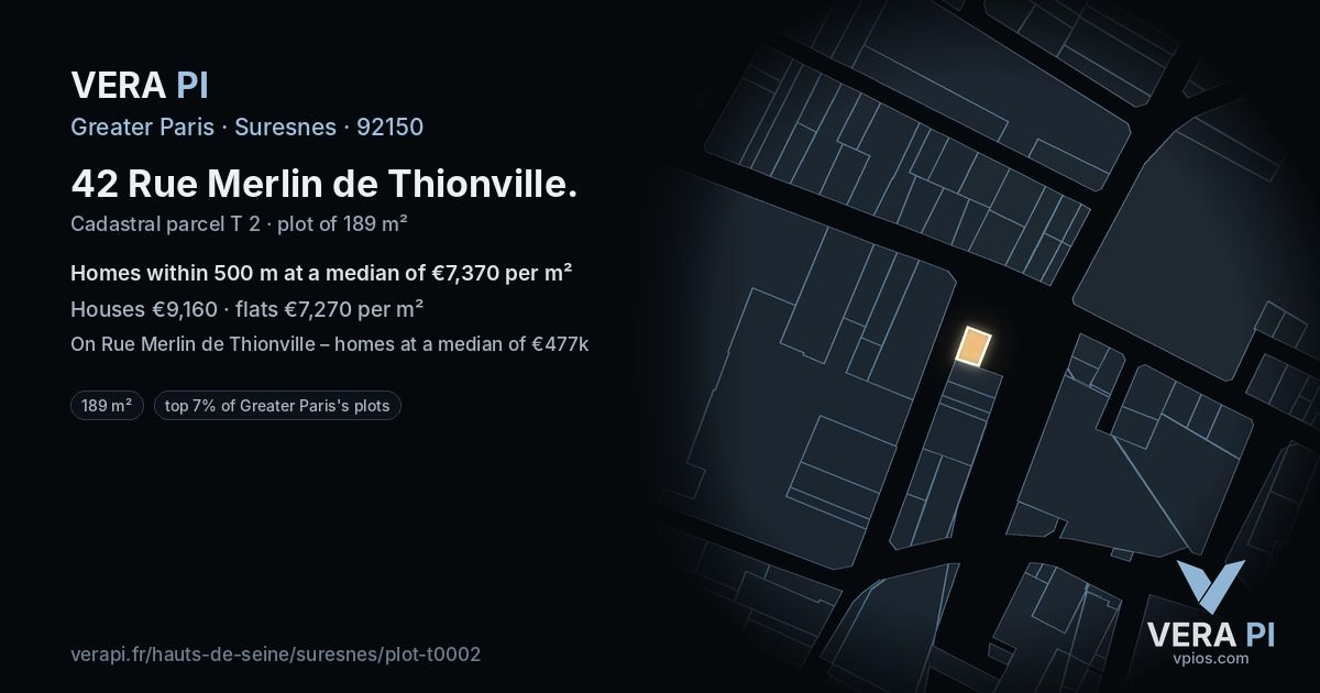 42 Rue Merlin de Thionville, Suresnes at night – the plot lit, the parcels around coloured by the prices near them
