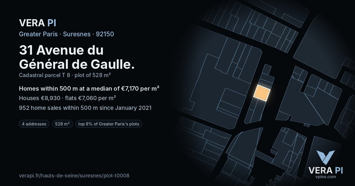 31 Avenue du Général de Gaulle, Suresnes at night – the plot lit, the parcels around coloured by the prices near them