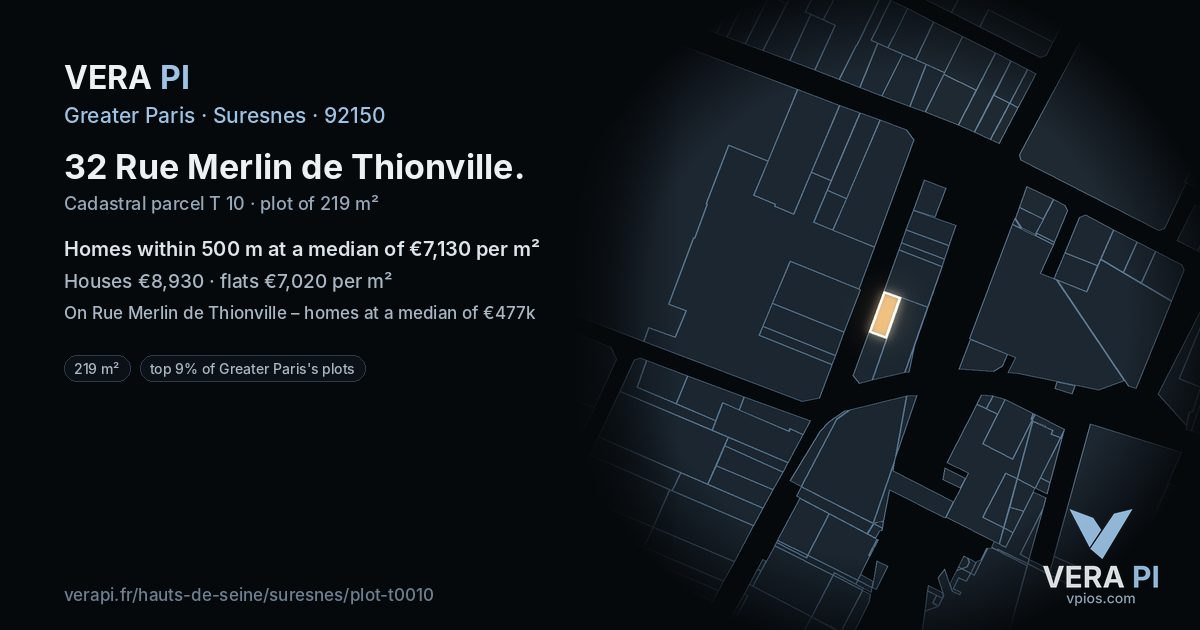 32 Rue Merlin de Thionville, Suresnes at night – the plot lit, the parcels around coloured by the prices near them