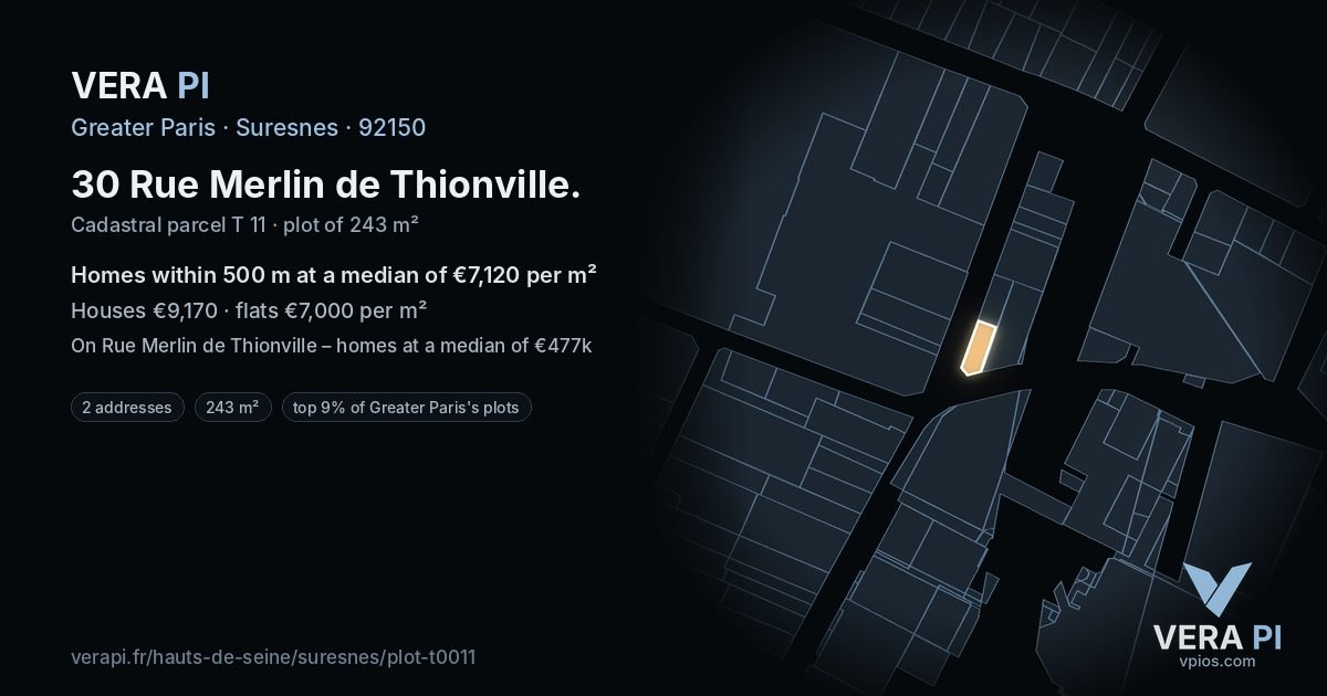 30 Rue Merlin de Thionville, Suresnes at night – the plot lit, the parcels around coloured by the prices near them