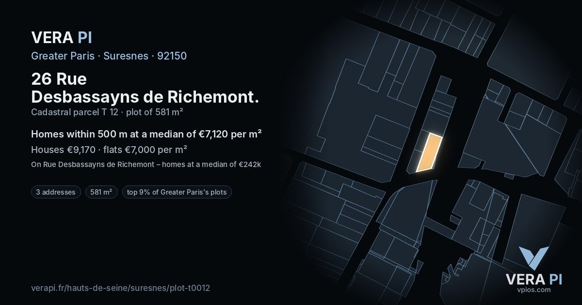 26 Rue Desbassayns de Richemont, Suresnes at night – the plot lit, the parcels around coloured by the prices near them