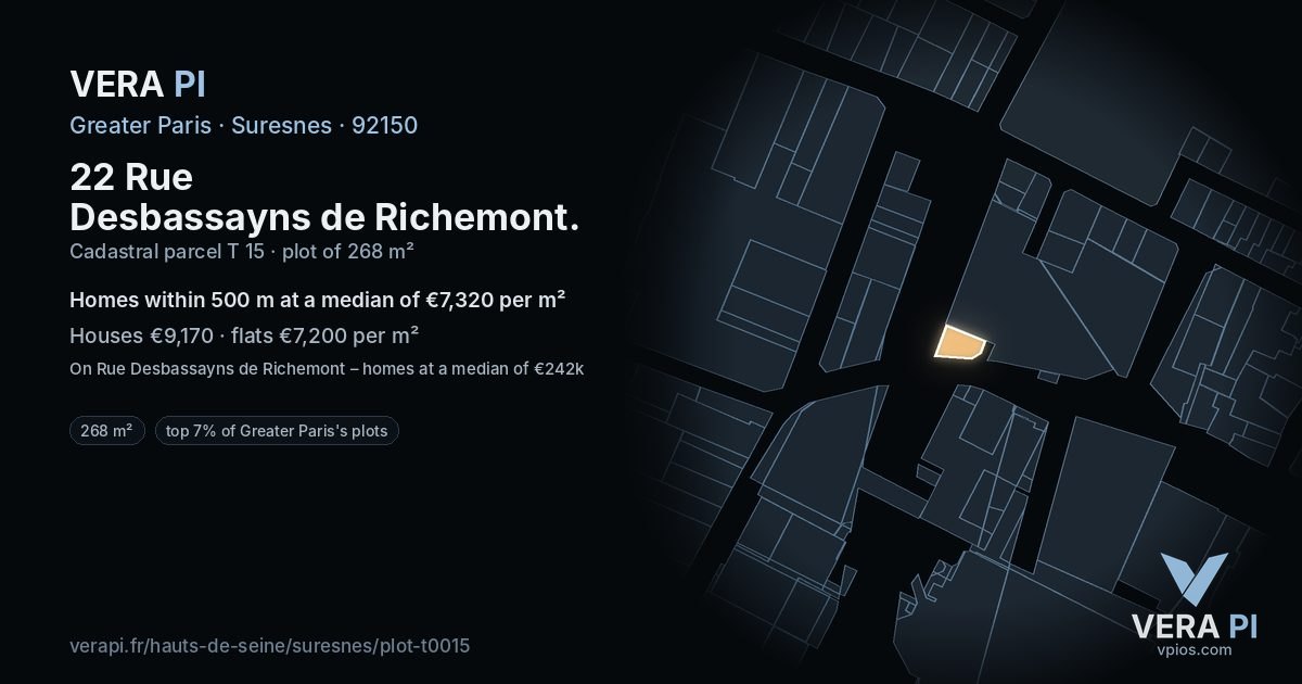 22 Rue Desbassayns de Richemont, Suresnes at night – the plot lit, the parcels around coloured by the prices near them