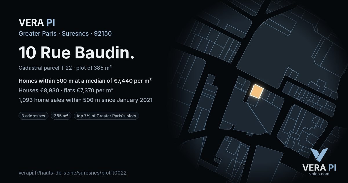 10 Rue Baudin, Suresnes at night – the plot lit, the parcels around coloured by the prices near them