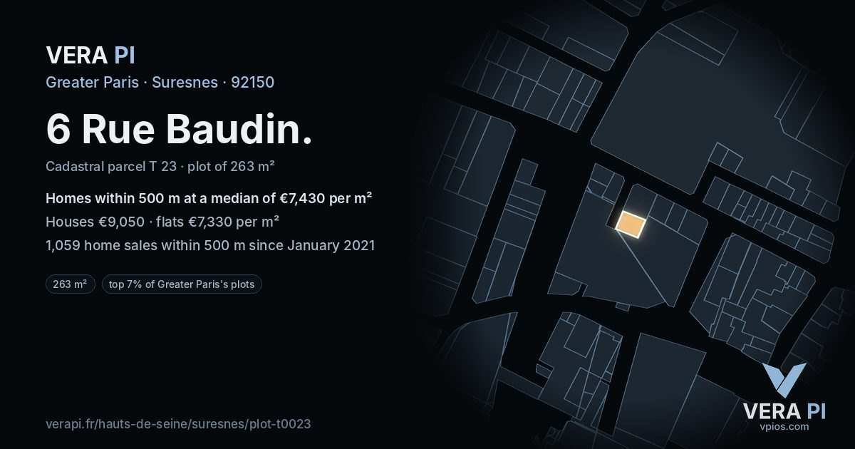 6 Rue Baudin, Suresnes at night – the plot lit, the parcels around coloured by the prices near them
