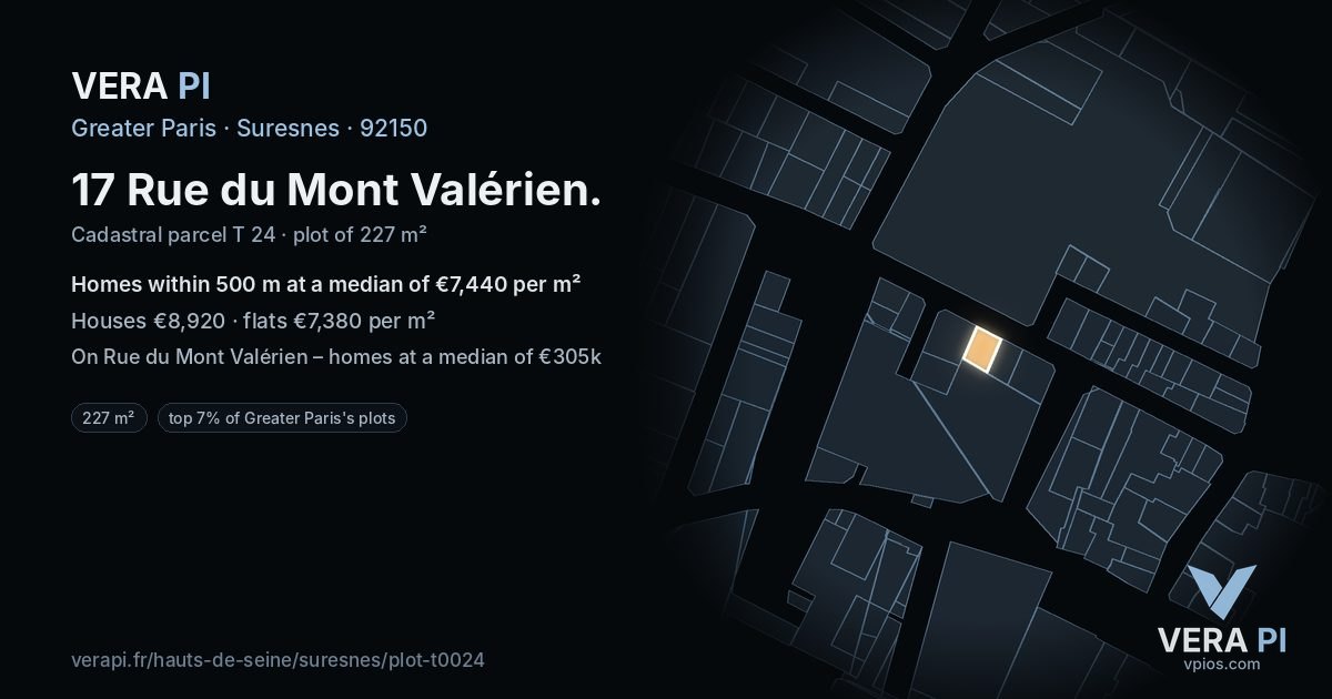 17 Rue du Mont Valérien, Suresnes at night – the plot lit, the parcels around coloured by the prices near them