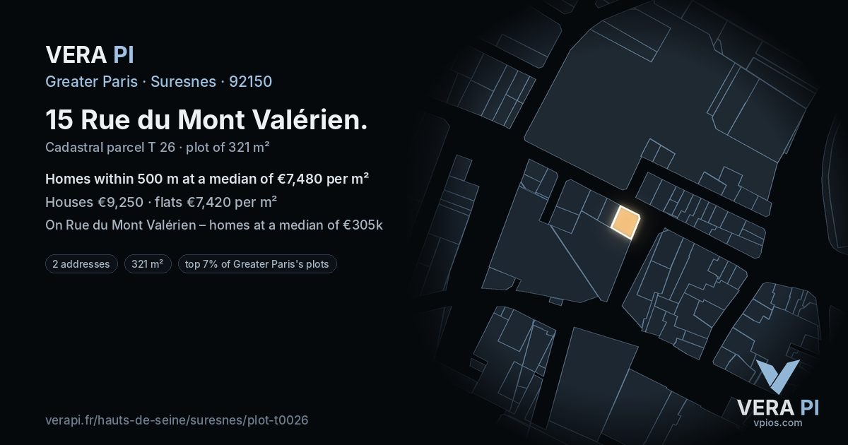 15 Rue du Mont Valérien, Suresnes at night – the plot lit, the parcels around coloured by the prices near them