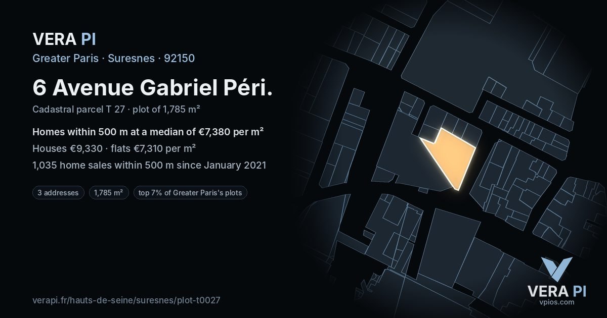 6 Avenue Gabriel Péri, Suresnes at night – the plot lit, the parcels around coloured by the prices near them