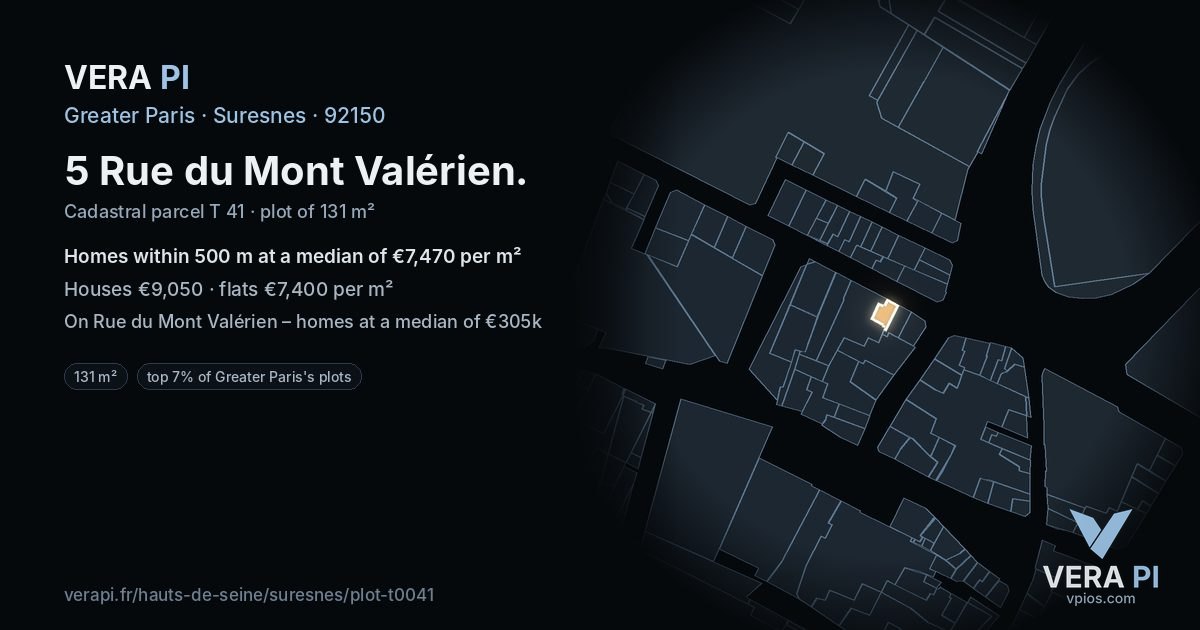 5 Rue du Mont Valérien, Suresnes at night – the plot lit, the parcels around coloured by the prices near them