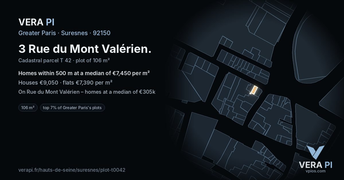 3 Rue du Mont Valérien, Suresnes at night – the plot lit, the parcels around coloured by the prices near them