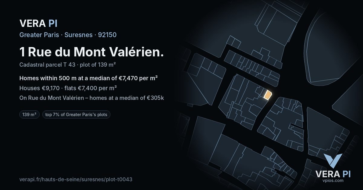 1 Rue du Mont Valérien, Suresnes at night – the plot lit, the parcels around coloured by the prices near them
