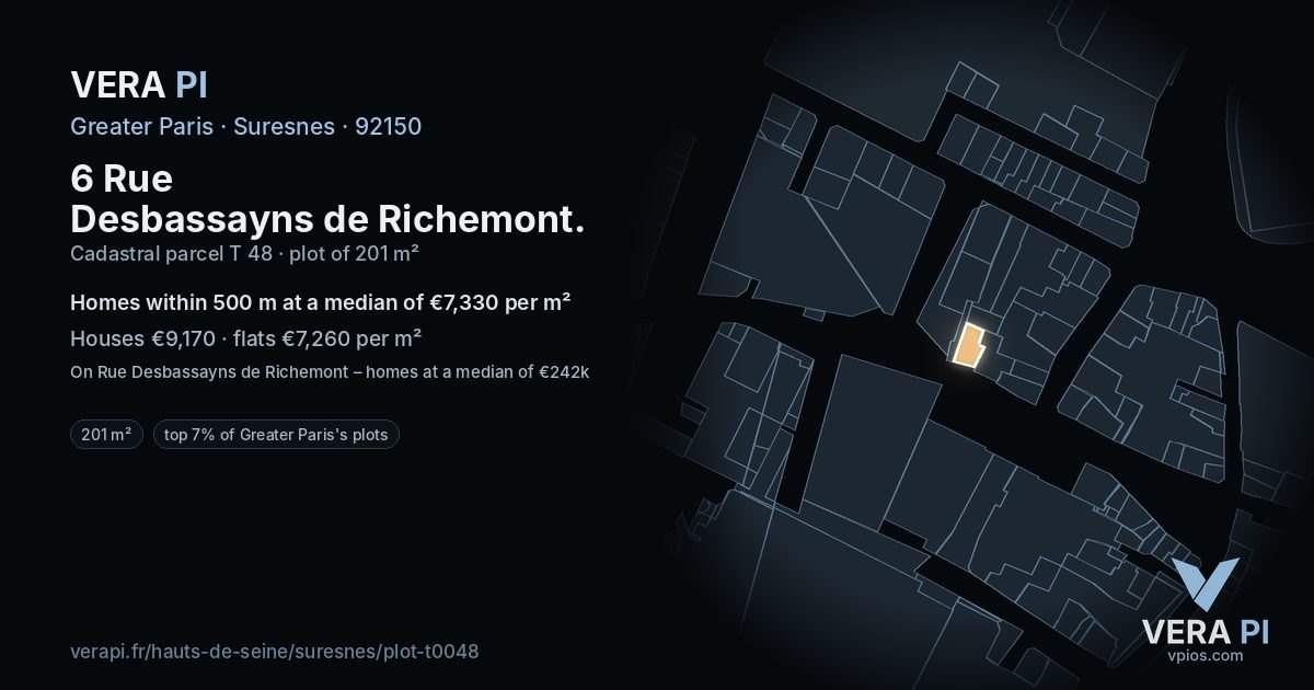 6 Rue Desbassayns de Richemont, Suresnes at night – the plot lit, the parcels around coloured by the prices near them