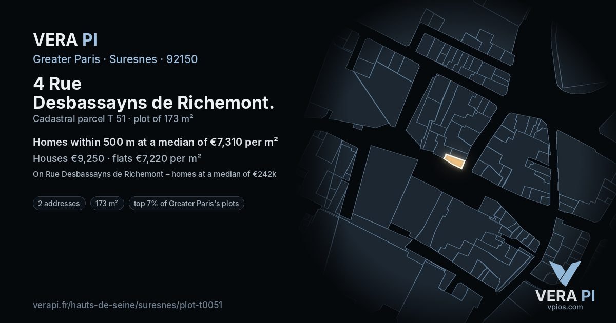 4 Rue Desbassayns de Richemont, Suresnes at night – the plot lit, the parcels around coloured by the prices near them