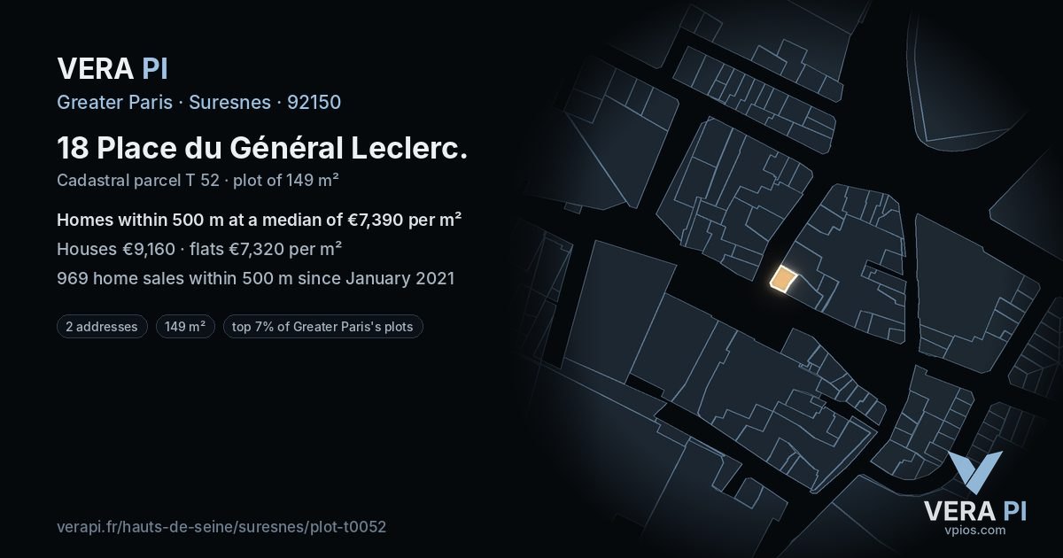 18 Place du Général Leclerc, Suresnes at night – the plot lit, the parcels around coloured by the prices near them