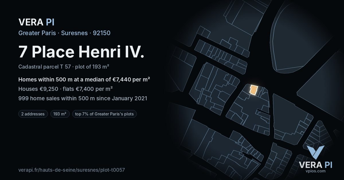 7 Place Henri IV, Suresnes at night – the plot lit, the parcels around coloured by the prices near them