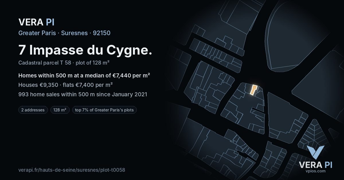7 Impasse du Cygne, Suresnes at night – the plot lit, the parcels around coloured by the prices near them