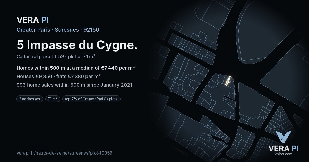 5 Impasse du Cygne, Suresnes at night – the plot lit, the parcels around coloured by the prices near them