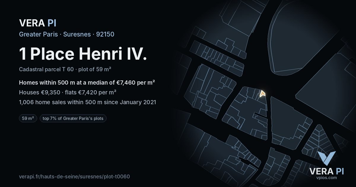 1 Place Henri IV, Suresnes at night – the plot lit, the parcels around coloured by the prices near them