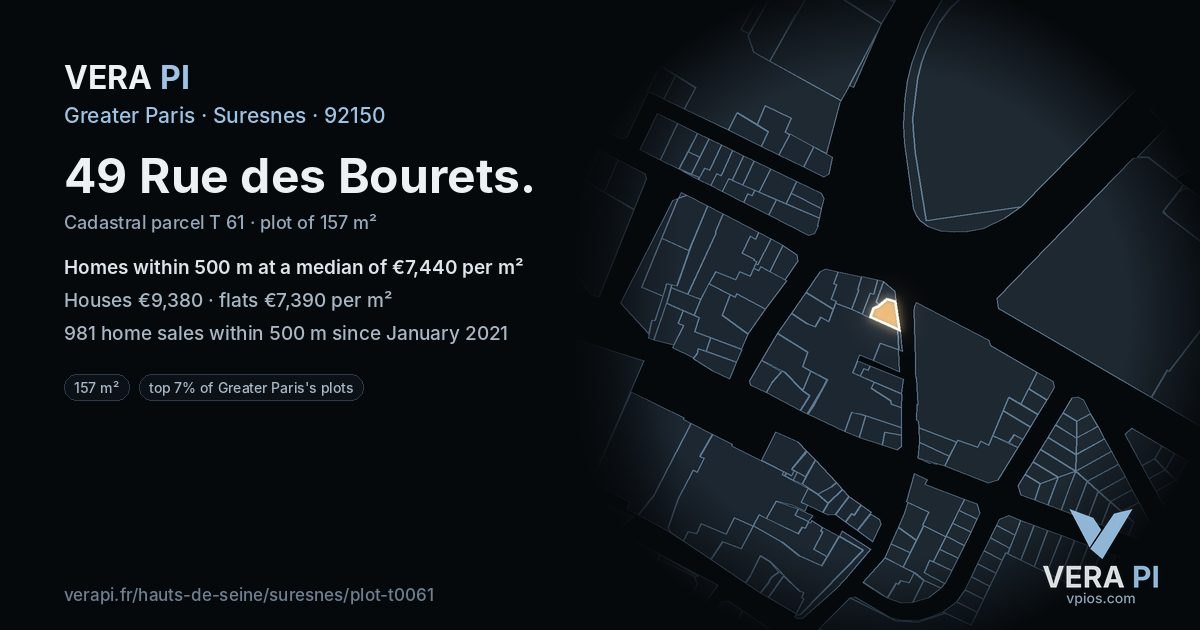 49 Rue des Bourets, Suresnes at night – the plot lit, the parcels around coloured by the prices near them