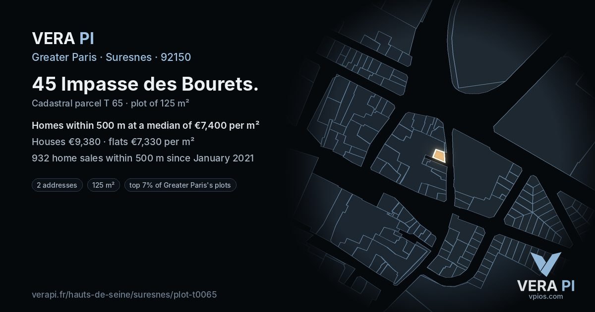 45 Impasse des Bourets, Suresnes at night – the plot lit, the parcels around coloured by the prices near them