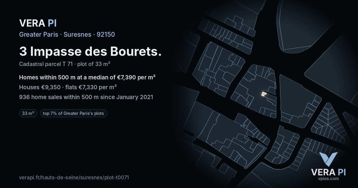 3 Impasse des Bourets, Suresnes at night – the plot lit, the parcels around coloured by the prices near them