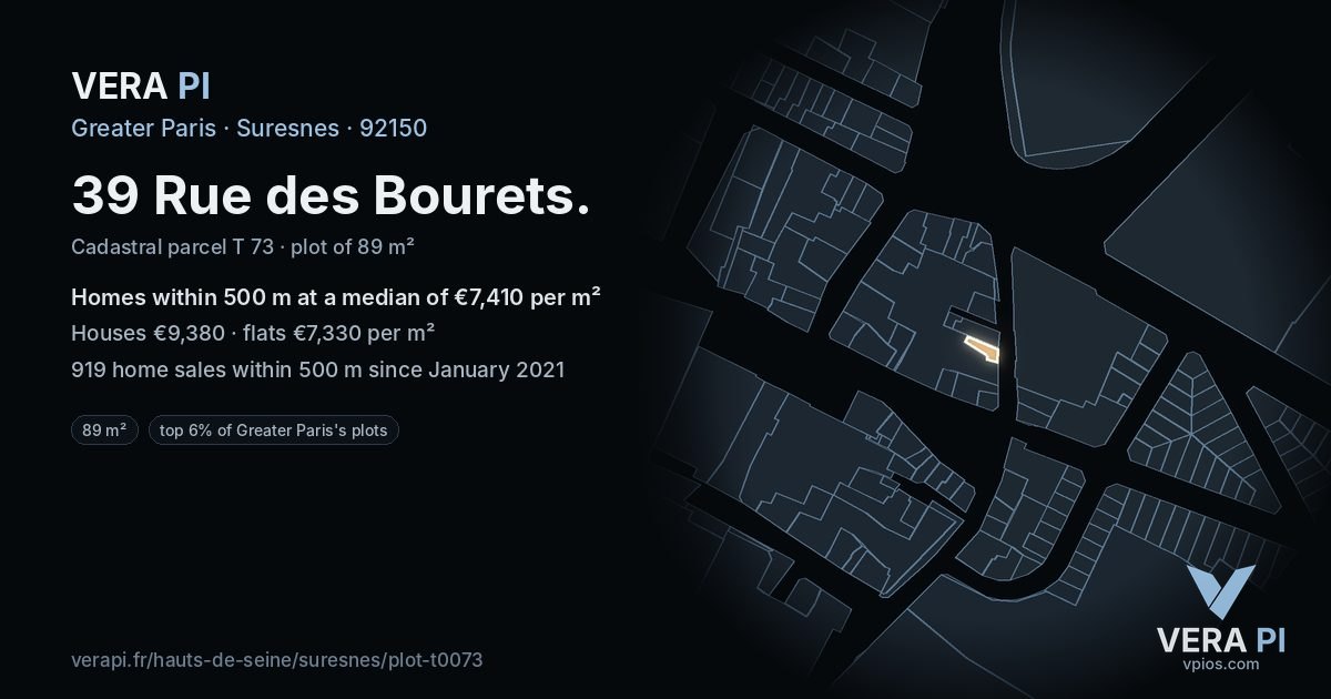 39 Rue des Bourets, Suresnes at night – the plot lit, the parcels around coloured by the prices near them